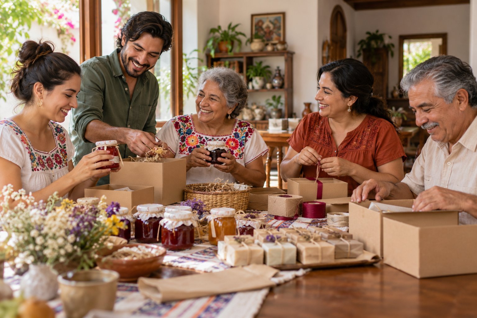 Personas empacando productos en una mesa de trabajo.