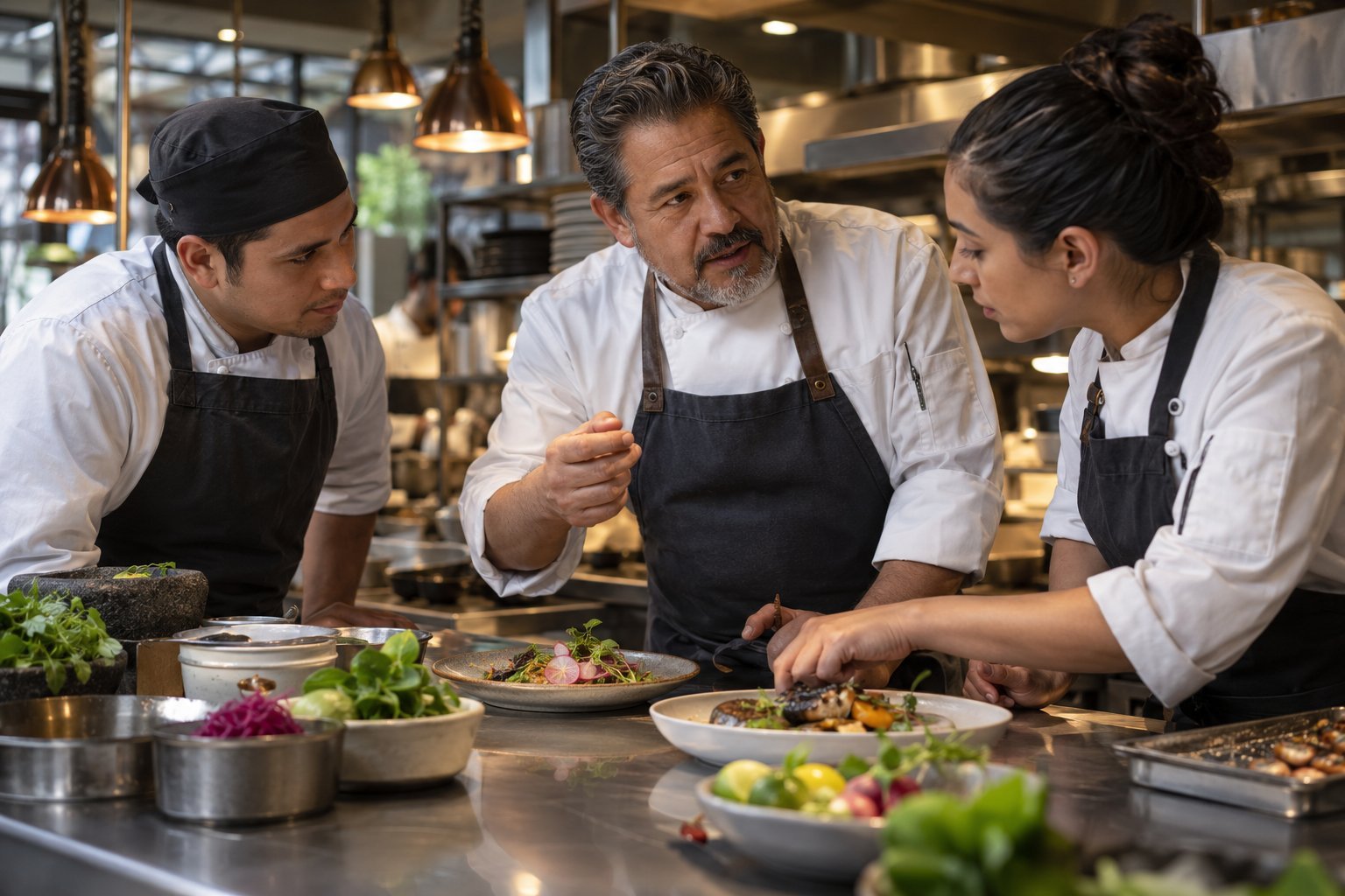 Equipo trabajando en la cocina de un restaurante.