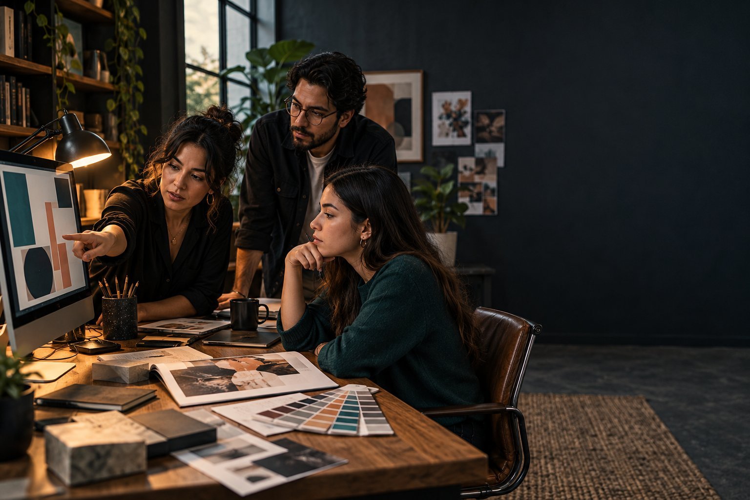 Equipo reunido en un estudio con materiales de trabajo.