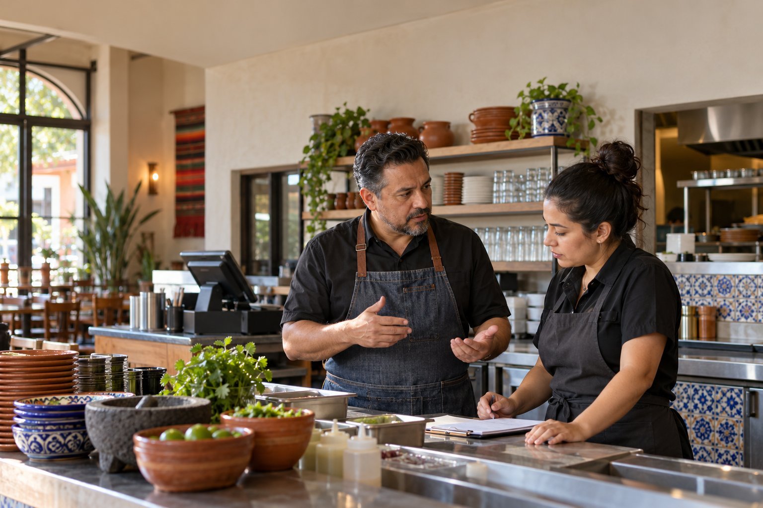 Dos personas revisando la atención de un restaurante.