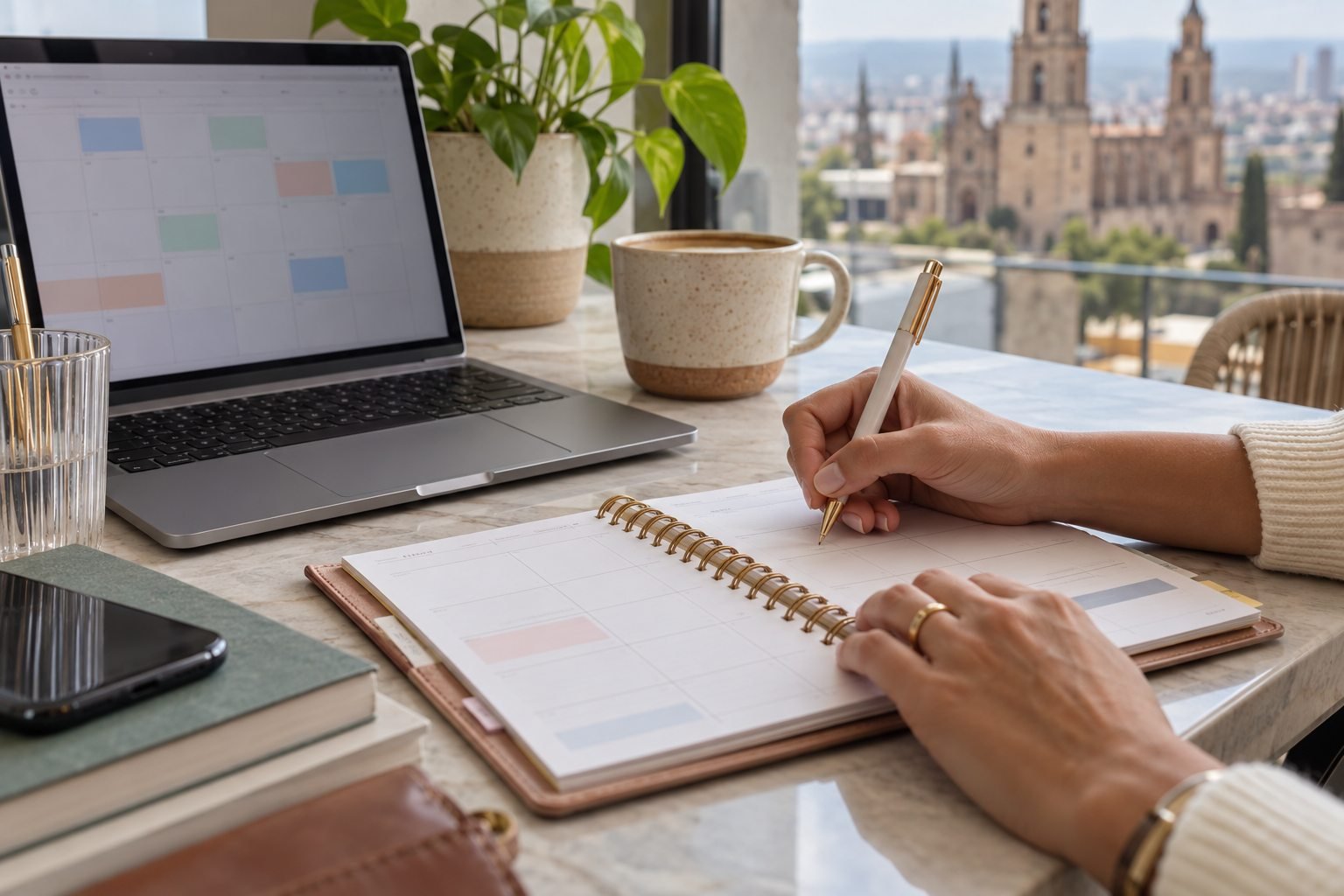 Manos escriben en una agenda de papel junto a una laptop con un calendario.