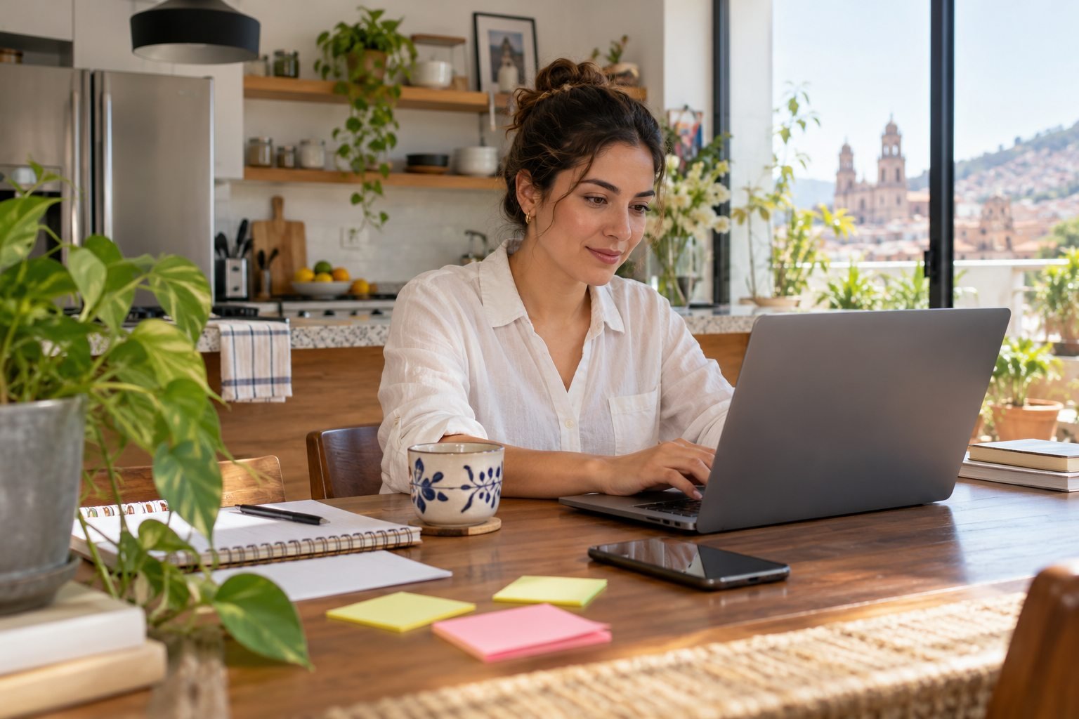 Persona trabaja en su laptop en una mesa de madera con notas adhesivas.