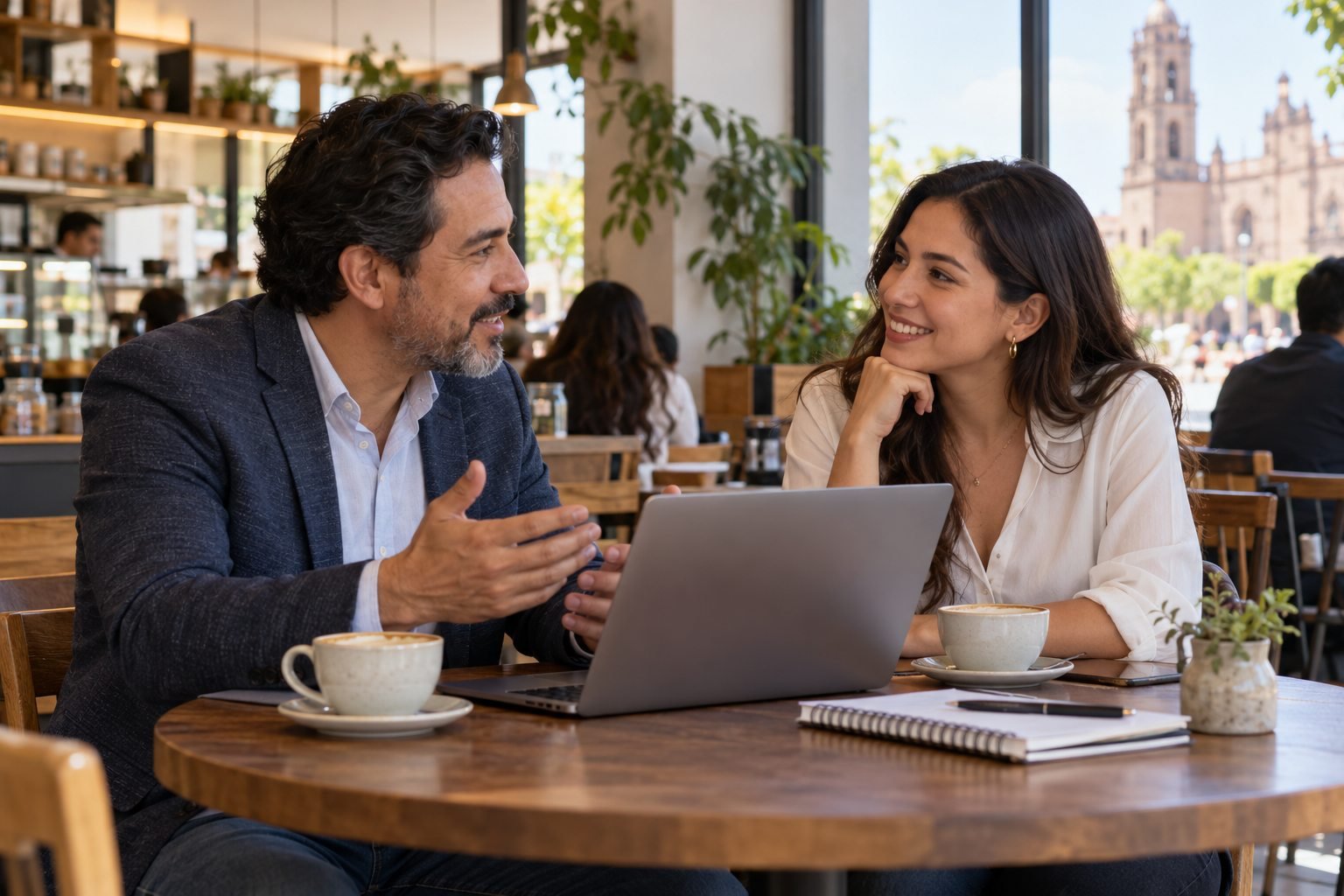 Una persona mentora y una profesional conversan frente a una laptop en un café luminoso.