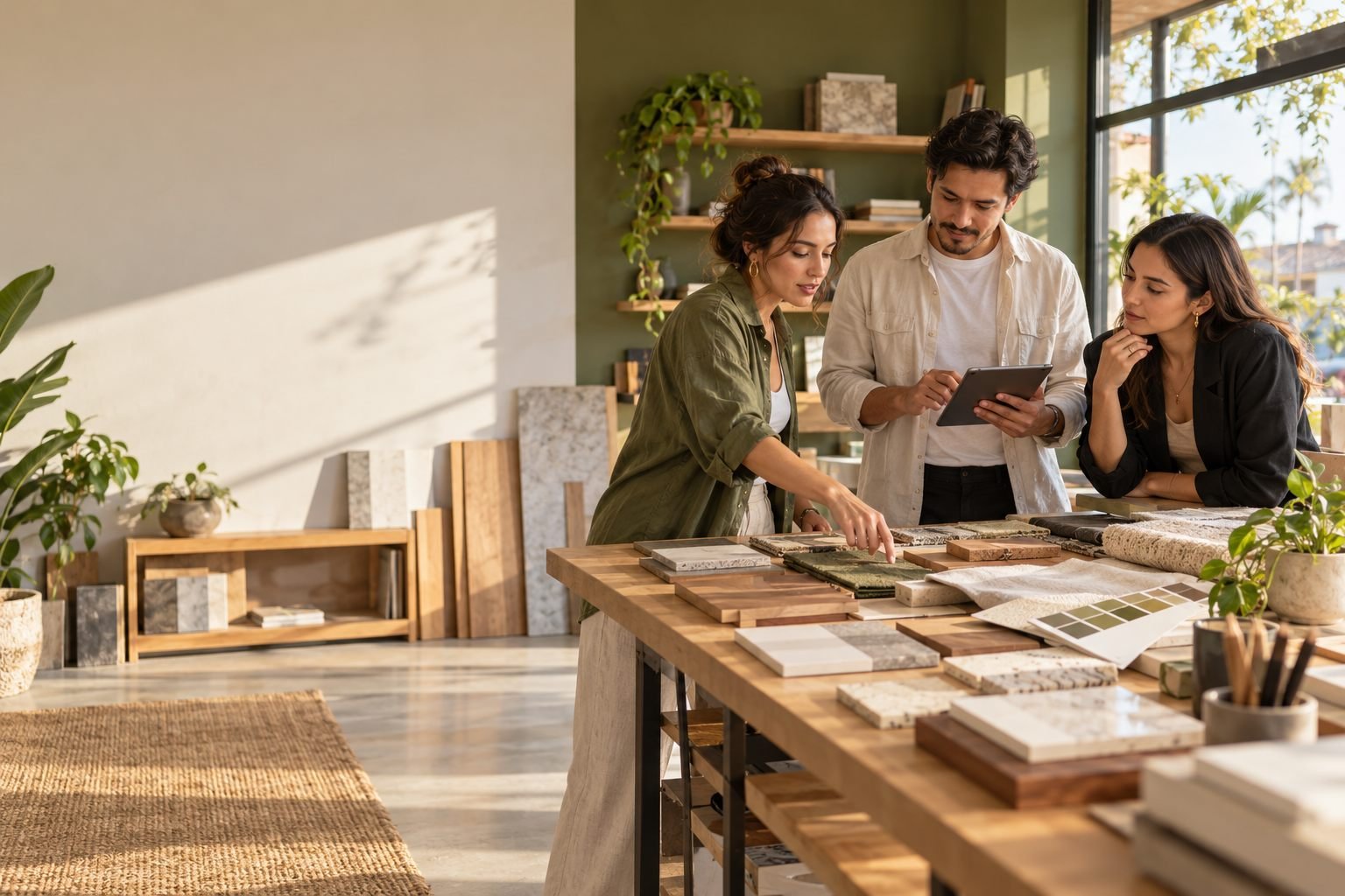 Tres compañeros revisan muestras de materiales y una tableta alrededor de una mesa alta.