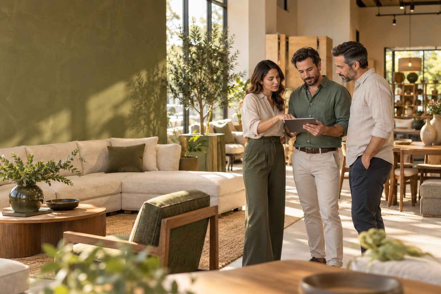 Tres socios revisan una tableta en el showroom de una tienda de muebles.