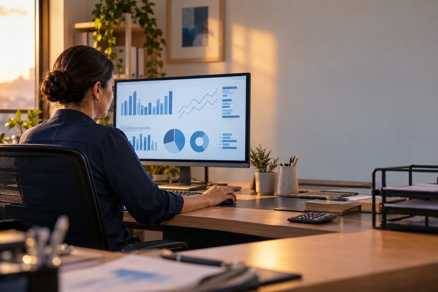 Contadora revisa gráficas en su monitor al final de la tarde.