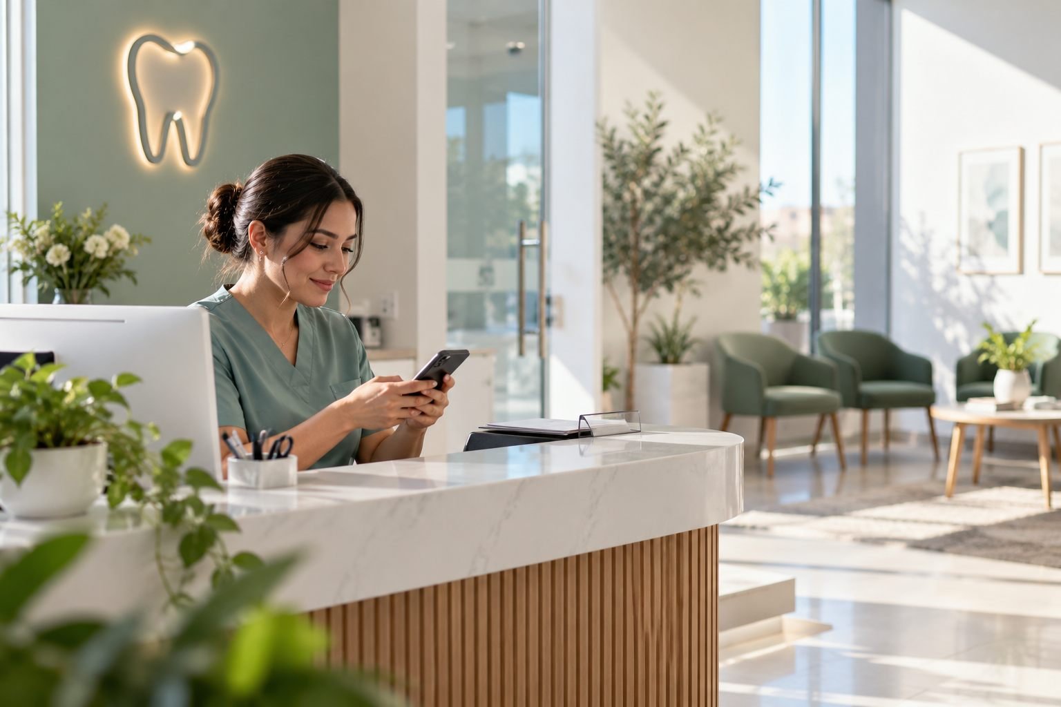 Recepcionista de una clínica dental atiende su celular en un mostrador luminoso.