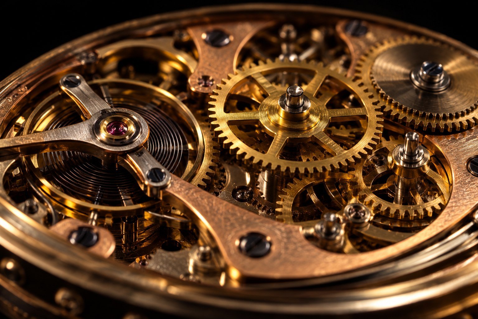 Reloj mecánico abierto con engranes de latón y cobre, tornillos y resortes nítidos sobre fondo negro