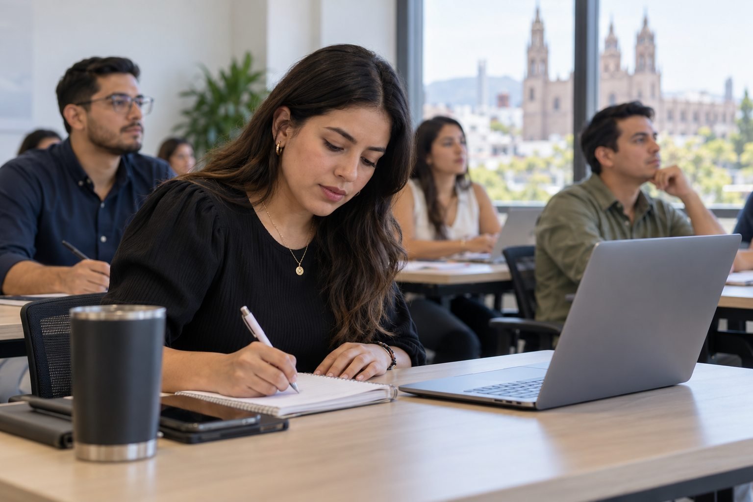 Mujer toma notas con atención durante un curso, con laptop abierta y libreta.
