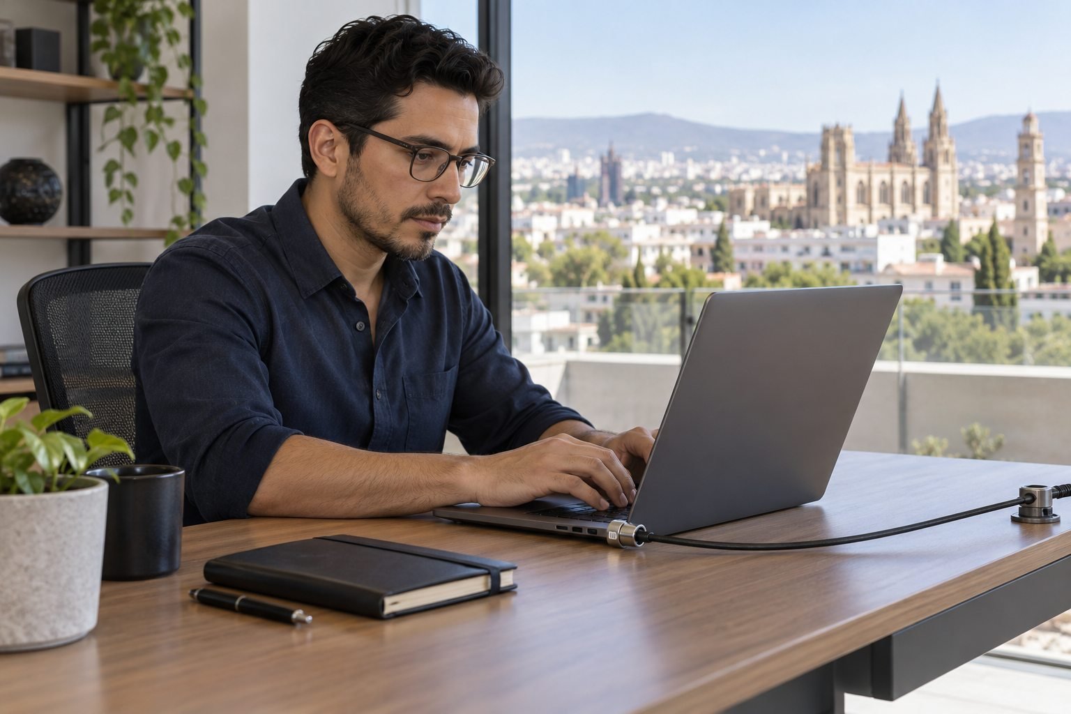 Hombre trabaja en su laptop asegurada con un candado, con una libreta cerrada junto a él.