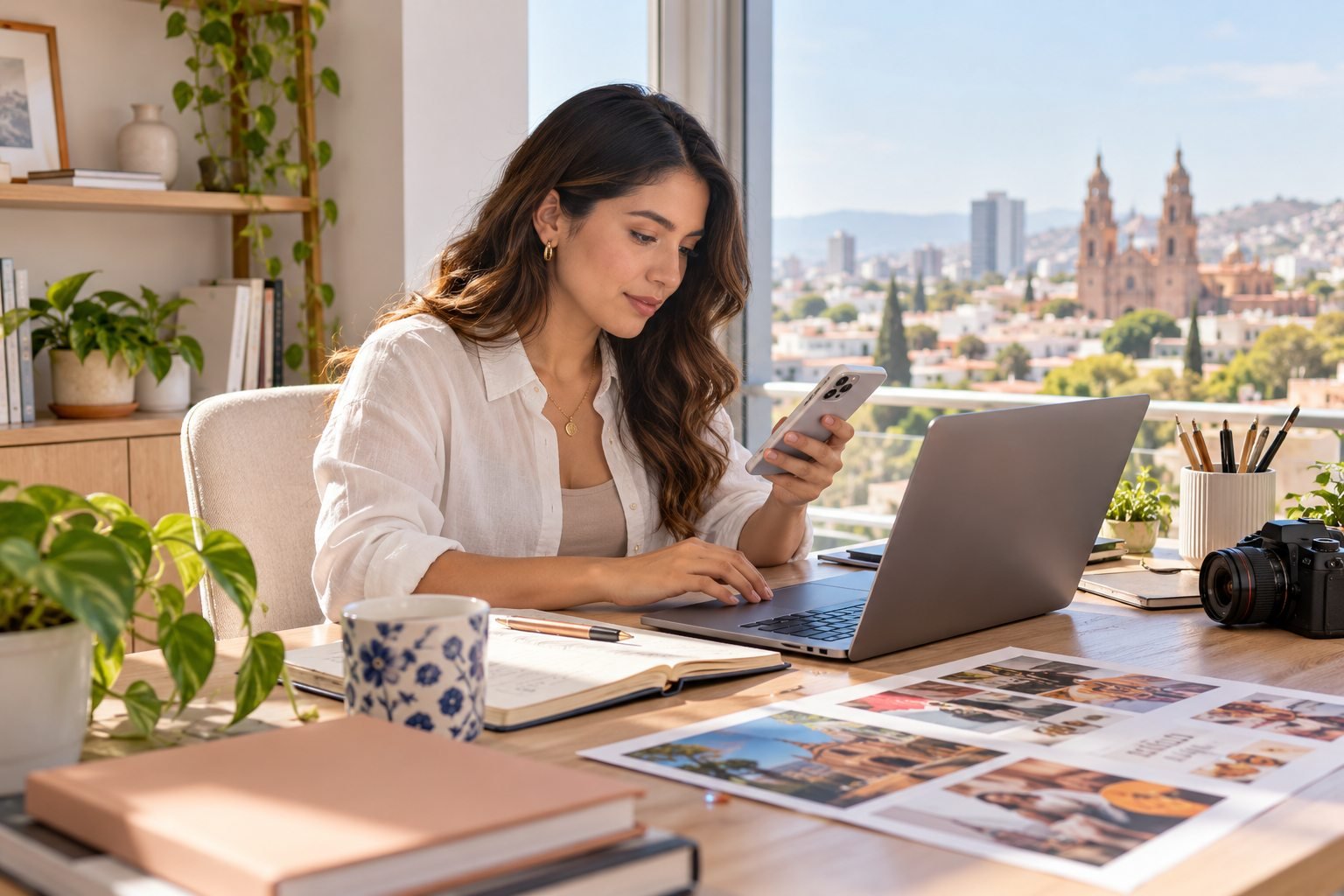 Creadora de contenido revisa publicaciones en su celular y su laptop en un escritorio luminoso.