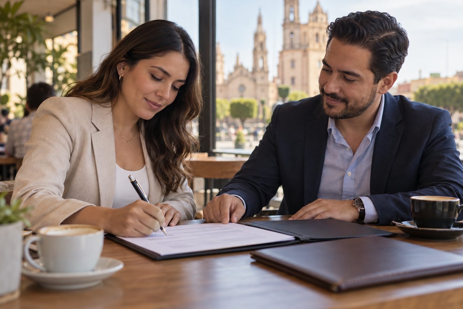 Un hombre y una mujer firman un documento sobre una mesa con tazas de café.