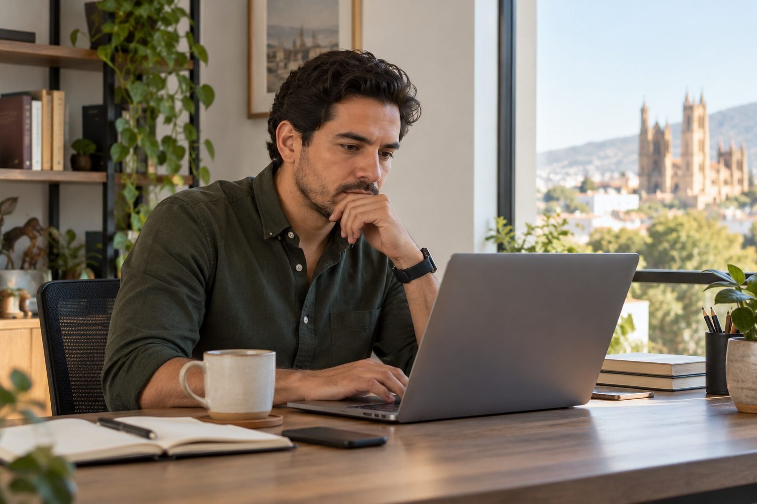 Hombre busca respuestas en su laptop en un escritorio ordenado con una taza de café.