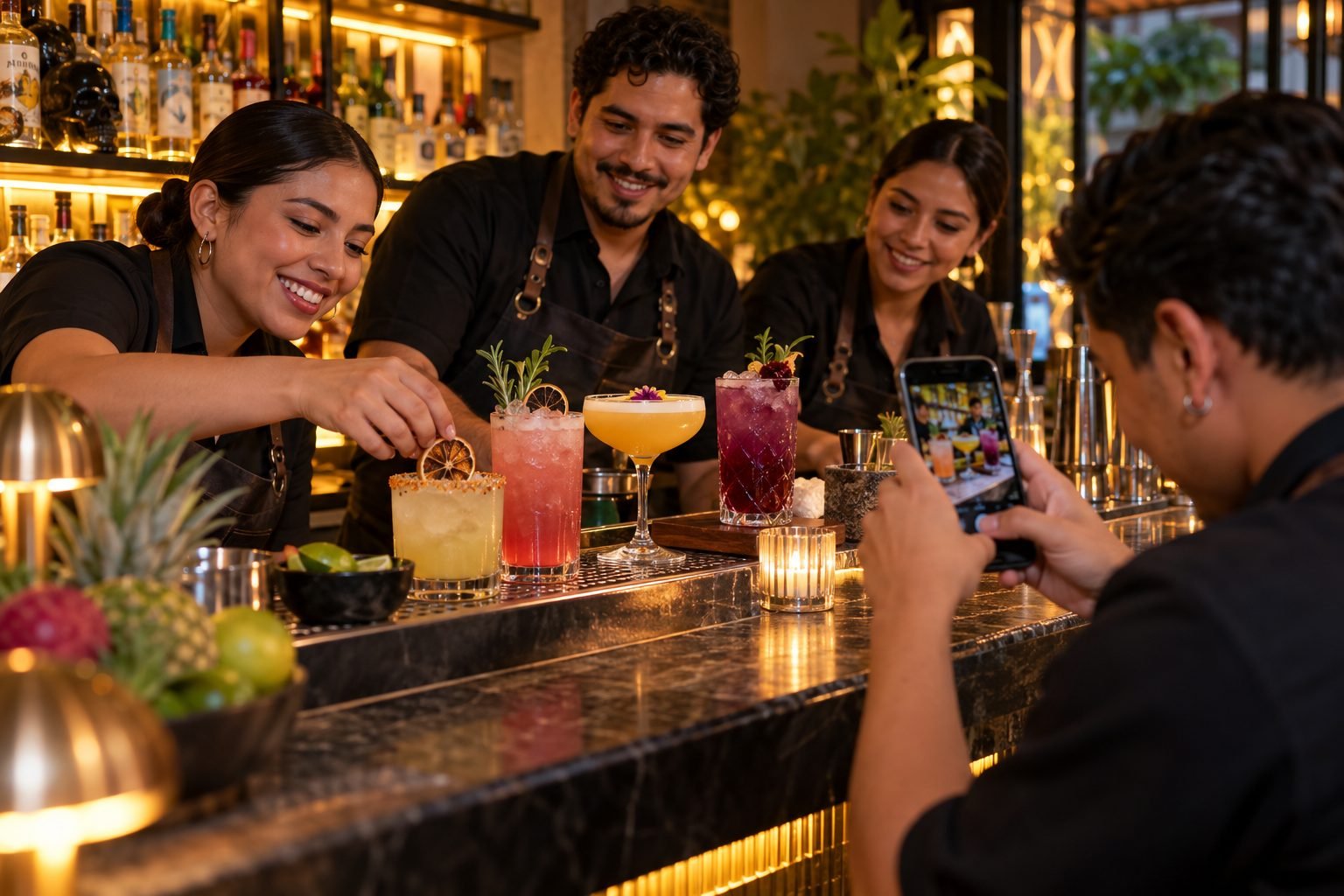 Equipo de barra prepara cocteles de colores sobre una barra de mármol mientras un cliente los fotografía con el celular