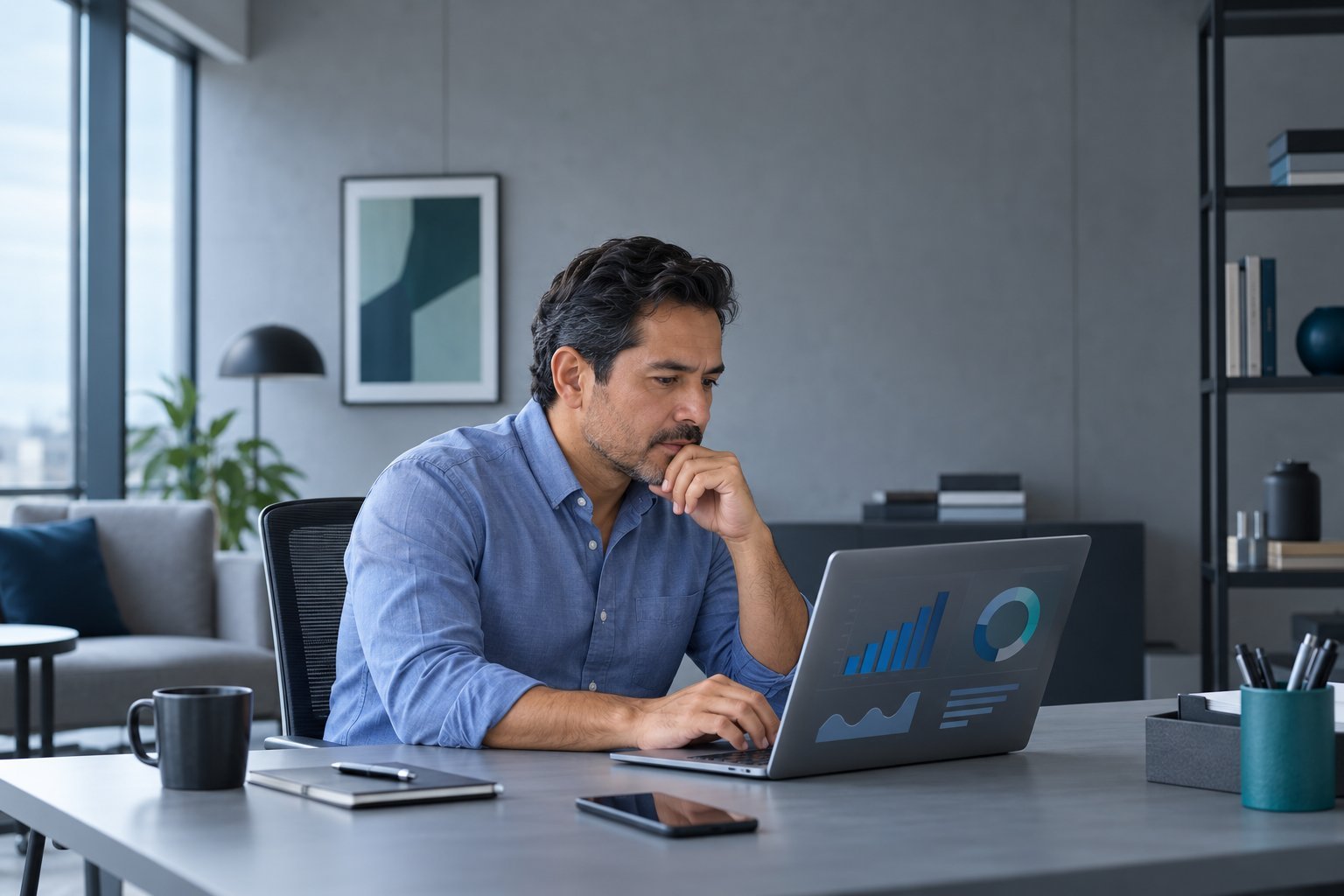 Hombre revisando un tablero de control en una laptop, en una oficina moderna