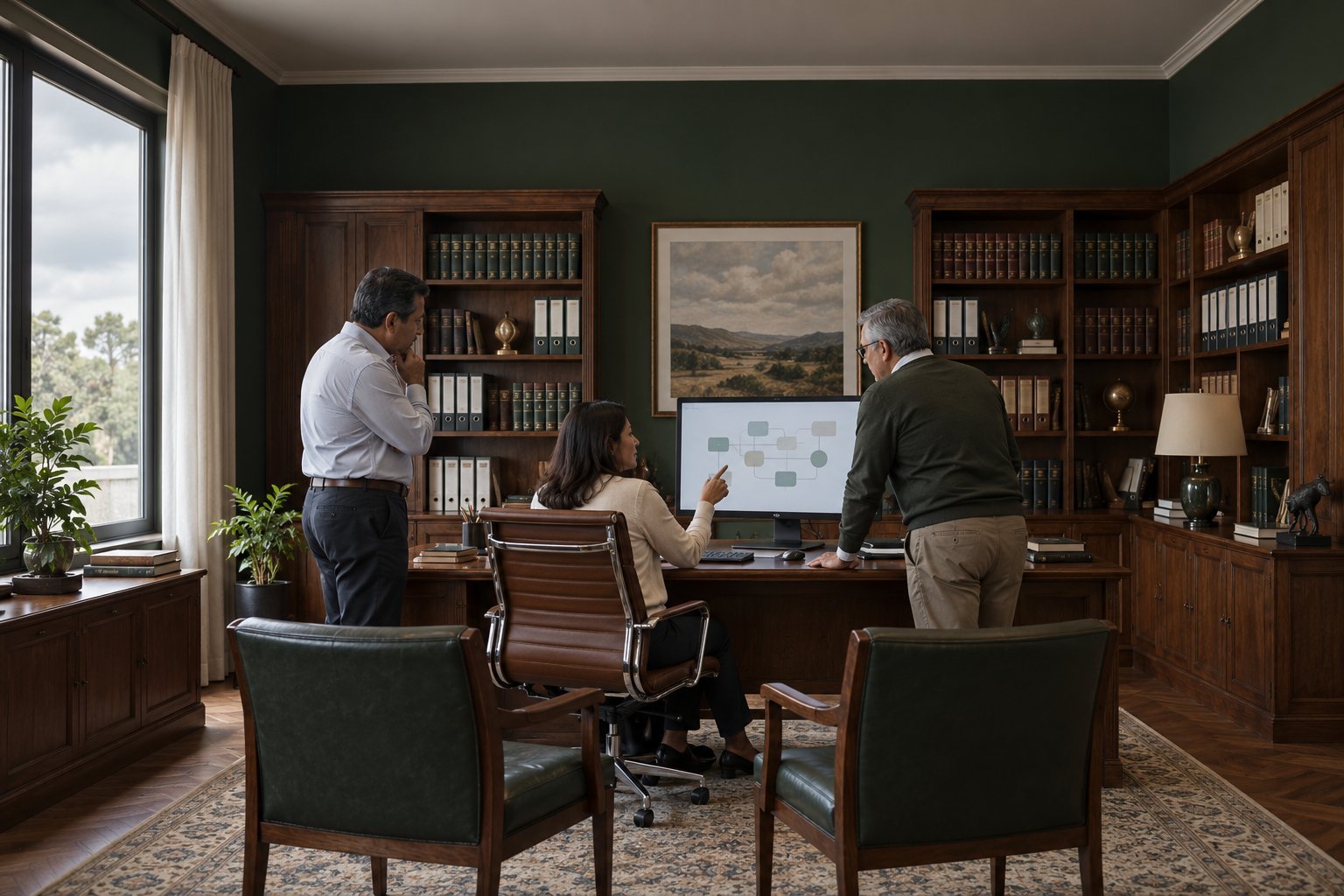 Equipo de despacho en reunión frente a un monitor con un diagrama