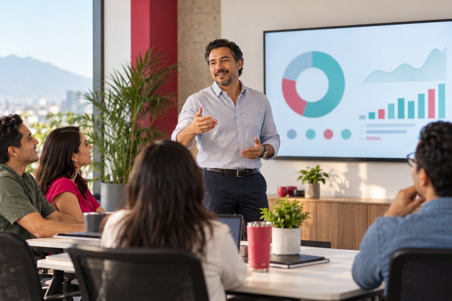 Instructor explicando frente a una pantalla a un grupo pequeño