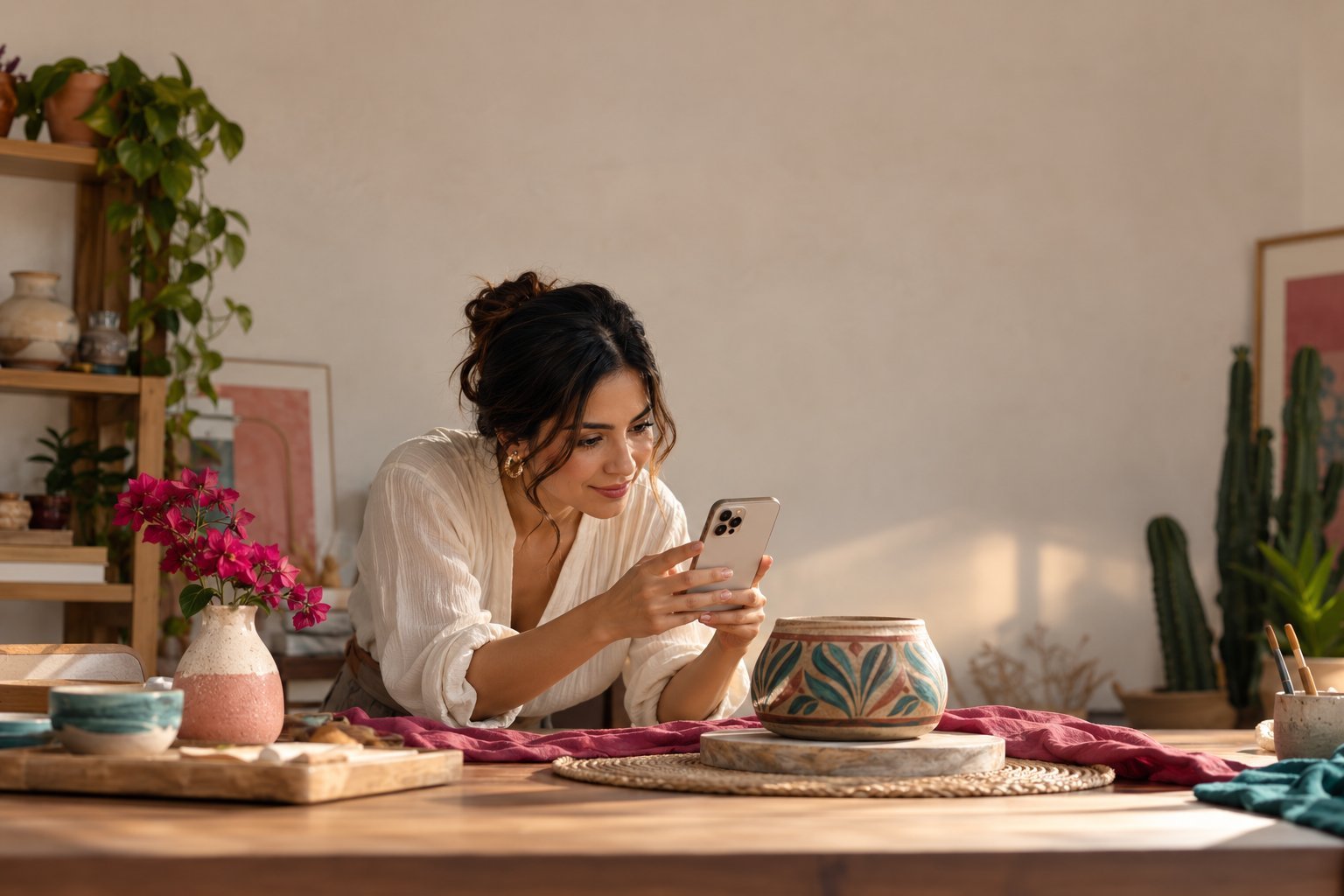 Mujer creando contenido con su celular en un taller artesanal