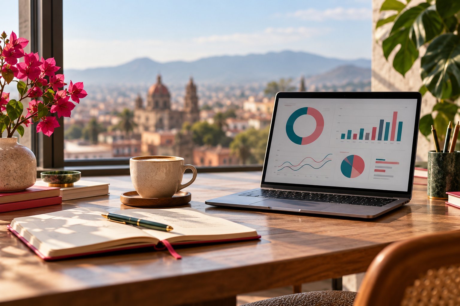 Escritorio con libreta, café y laptop con gráficas