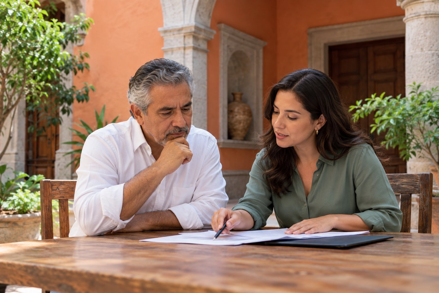 Dos personas revisando un documento en la mesa de un patio colonial