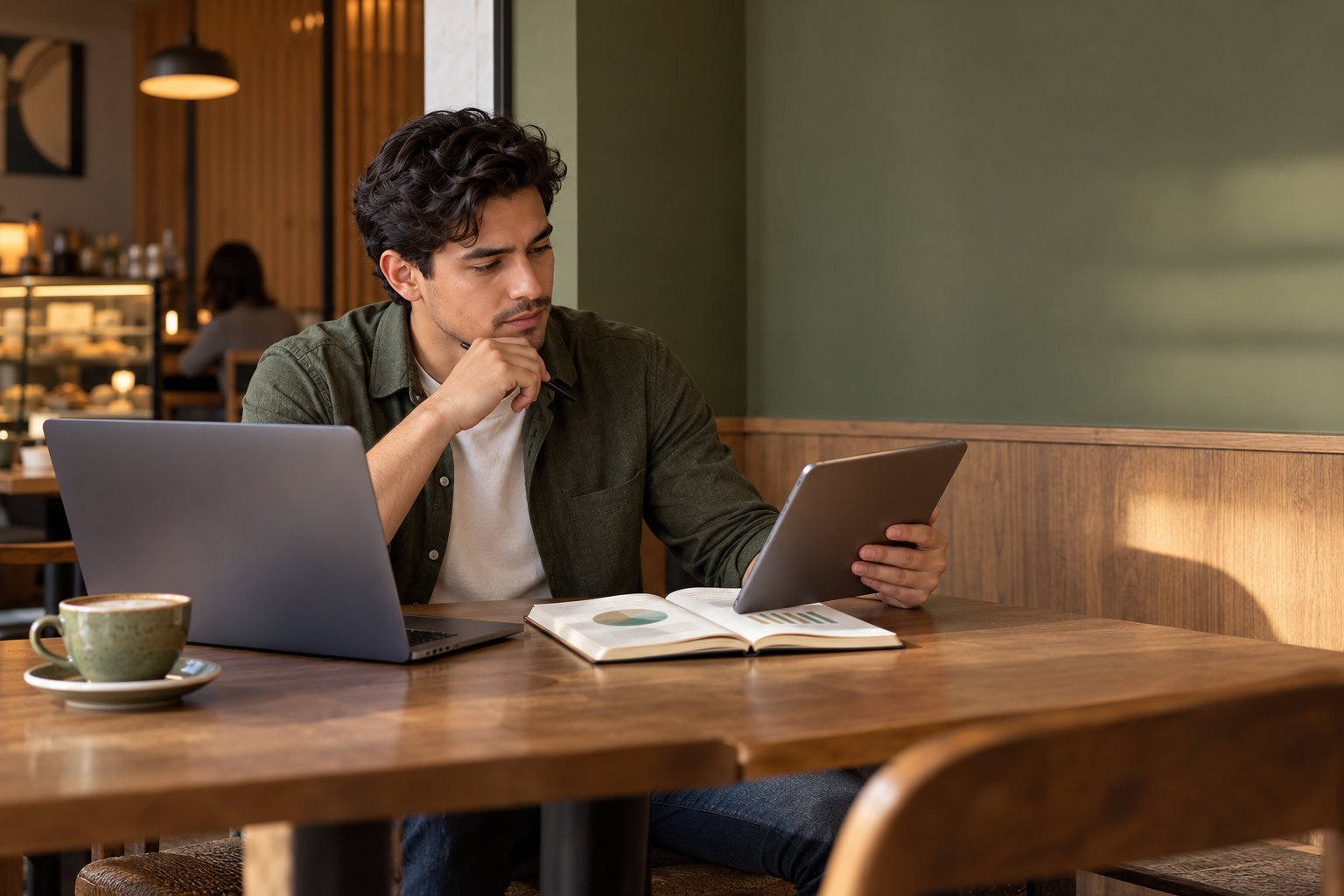 Persona comparando opciones de curso con laptop, tableta y libreta