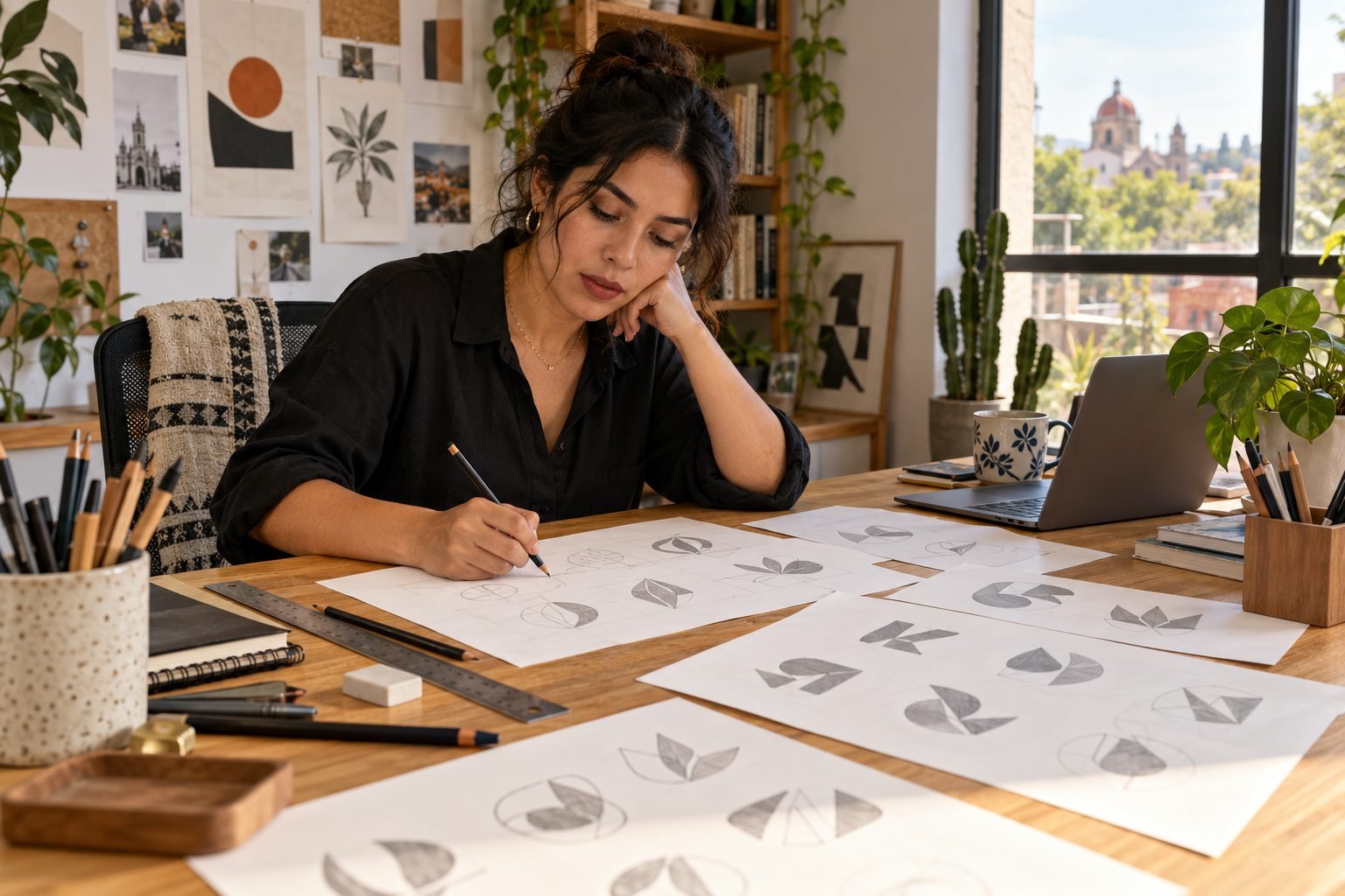 Diseñadora dibuja variantes de un logotipo sobre su escritorio.