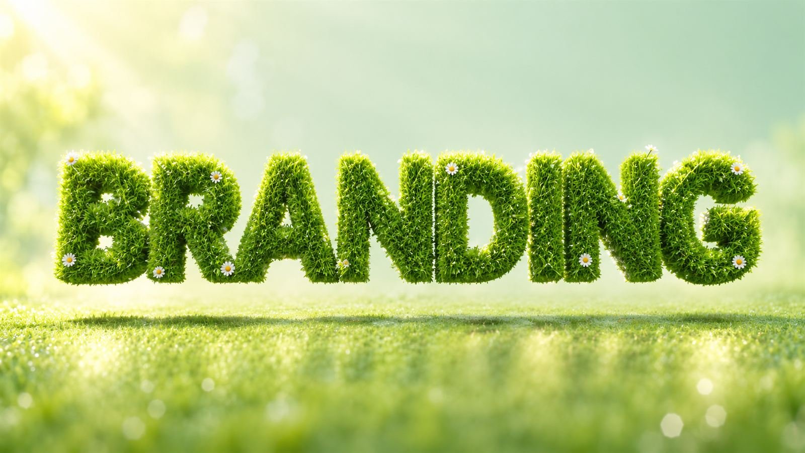 La palabra Branding en letras 3D de pasto con margaritas