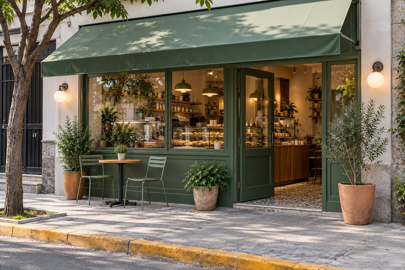 Fachada de un negocio con toldo y puerta en los mismos colores de su marca.