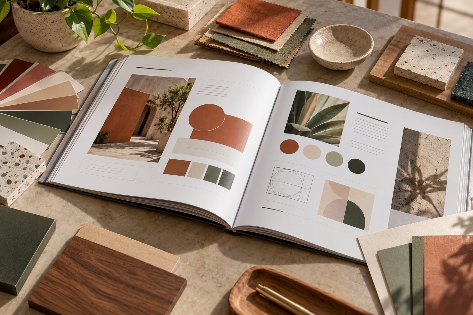 Manual de marca abierto sobre una mesa con muestras de color y de materiales.