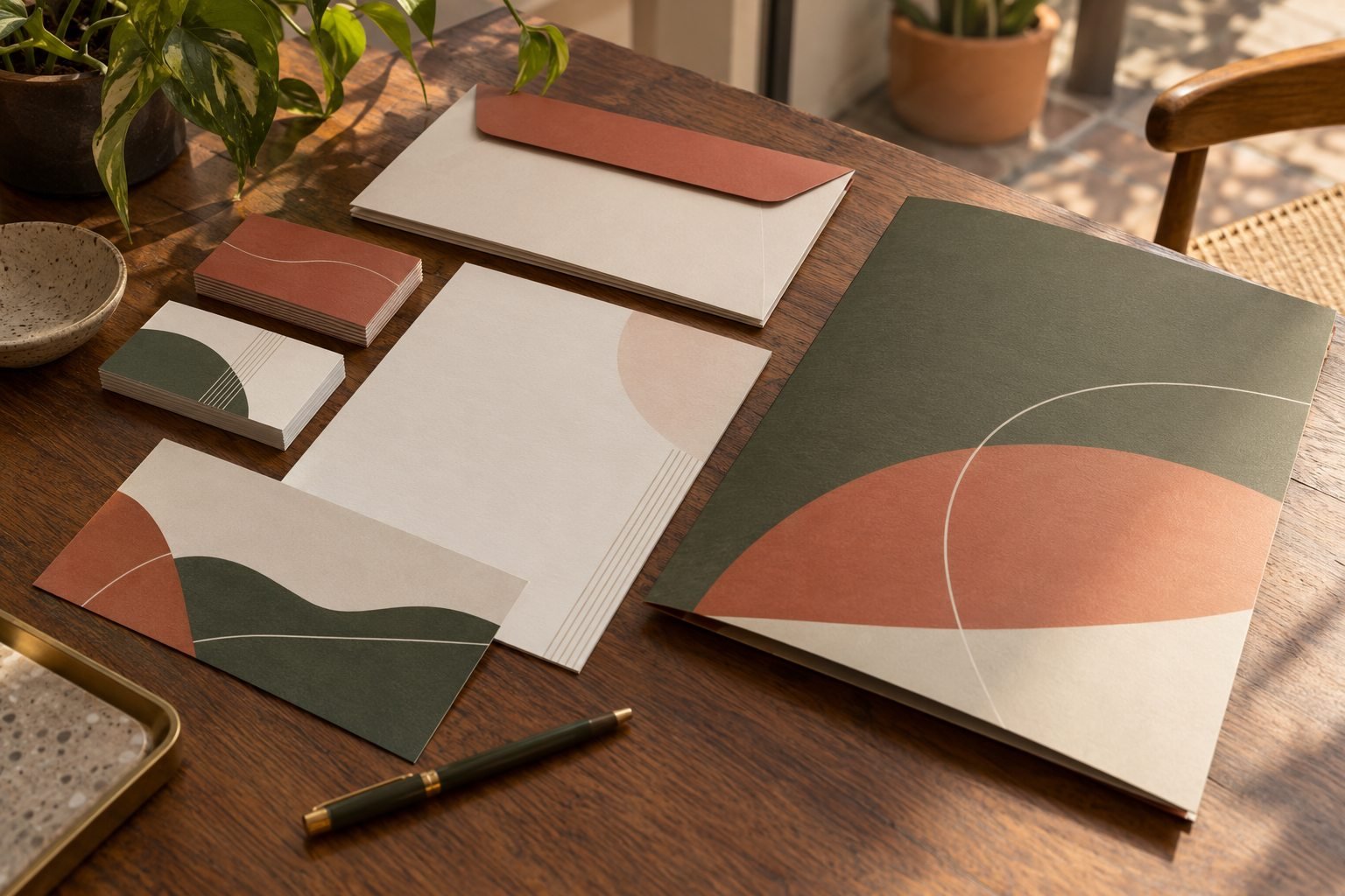 Papelería de una marca (tarjetas, sobres y carpeta) sobre una mesa de madera.