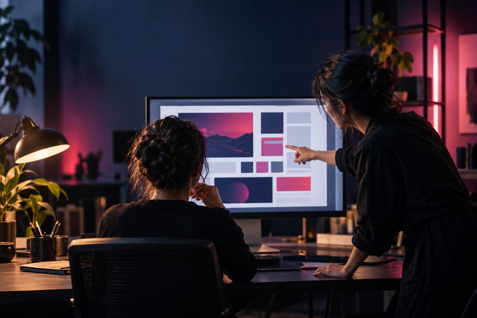 Emprendedora de espaldas y diseñador junto a un monitor con bloques de color en un estudio oscuro.