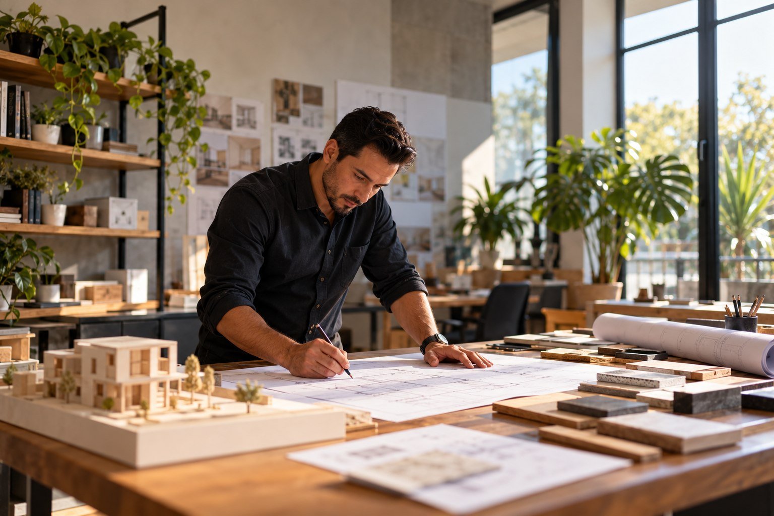 Diseñador revisa planos sobre una mesa de trabajo con una maqueta de madera de una casa en un estudio luminoso.