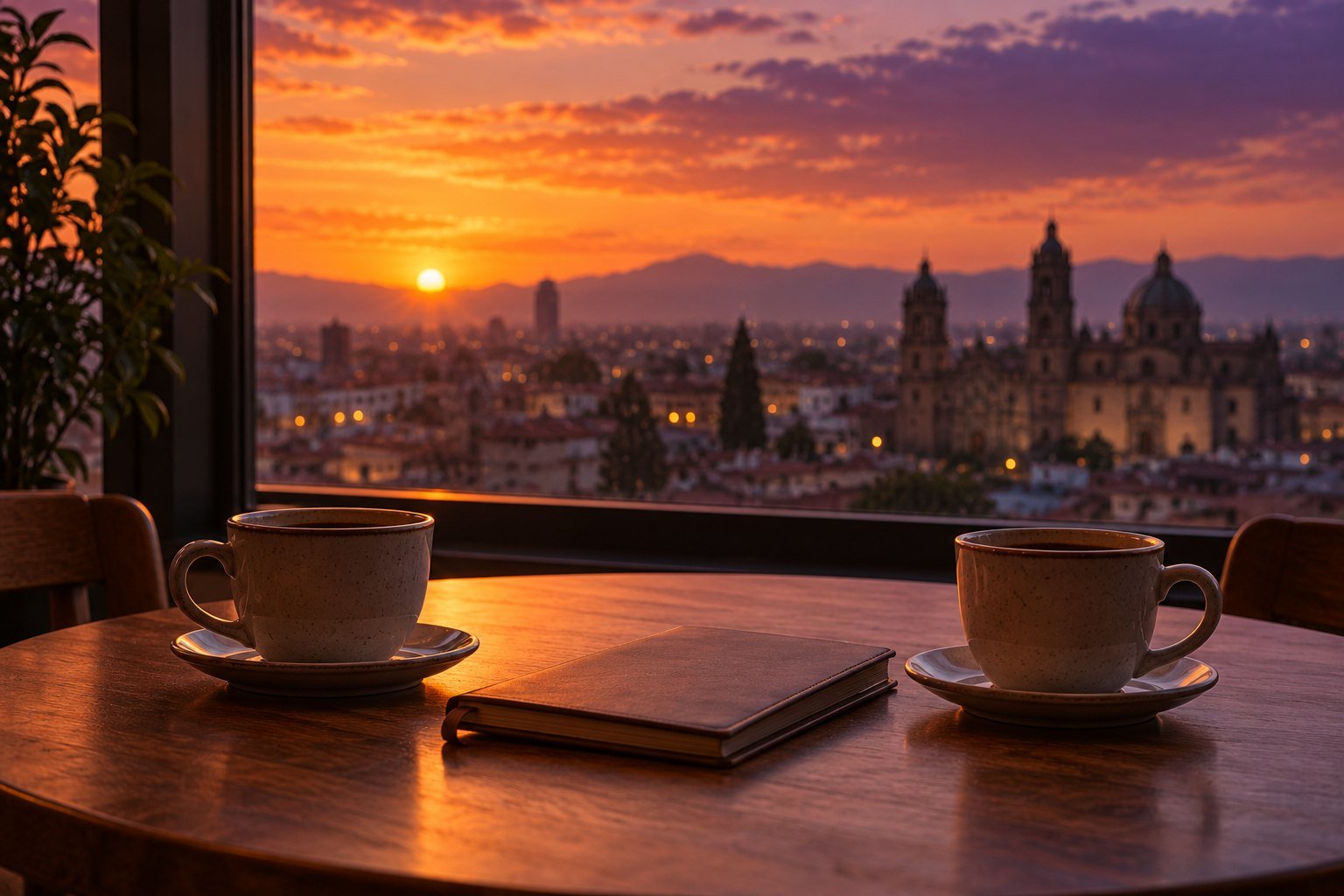 Dos tazas de café y una libreta cerrada sobre una mesa junto a una ventana grande, con la ciudad al atardecer al fondo