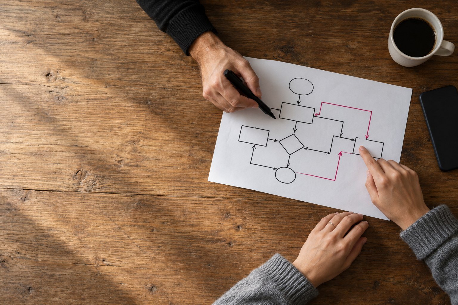 Manos de dos personas sobre una mesa con un diagrama de formas y flechas, un celular boca abajo y café.