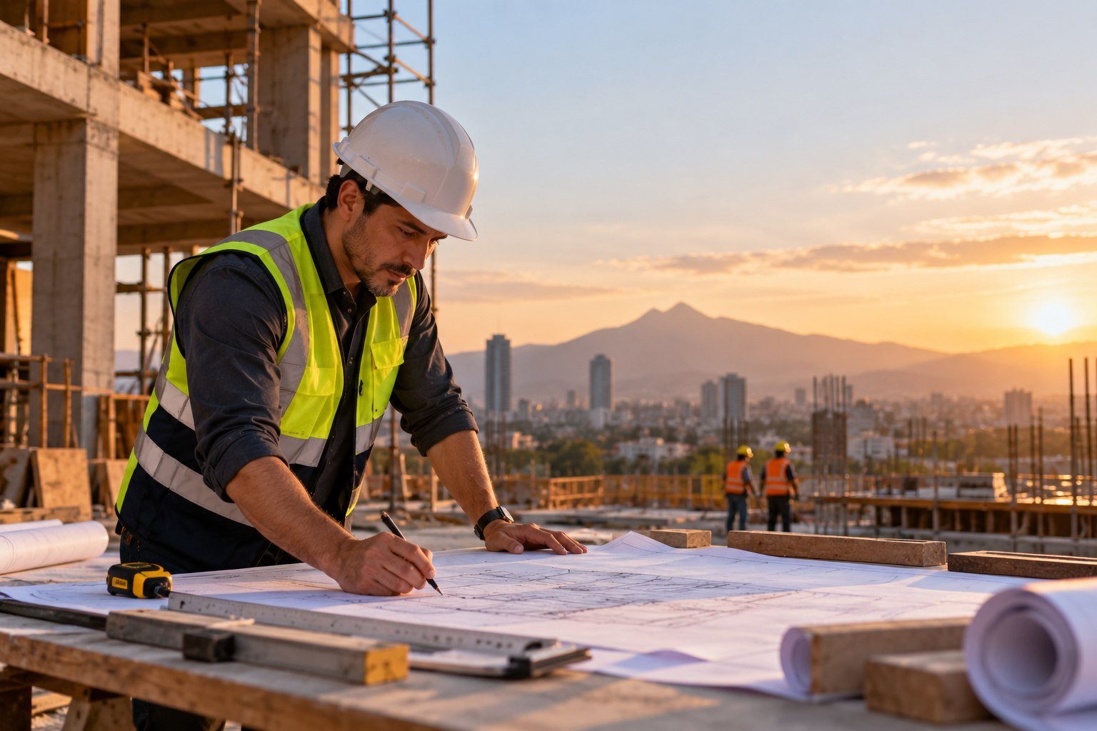 Supervisor con casco y chaleco revisa planos sobre una mesa en una obra al amanecer, con la ciudad al fondo.