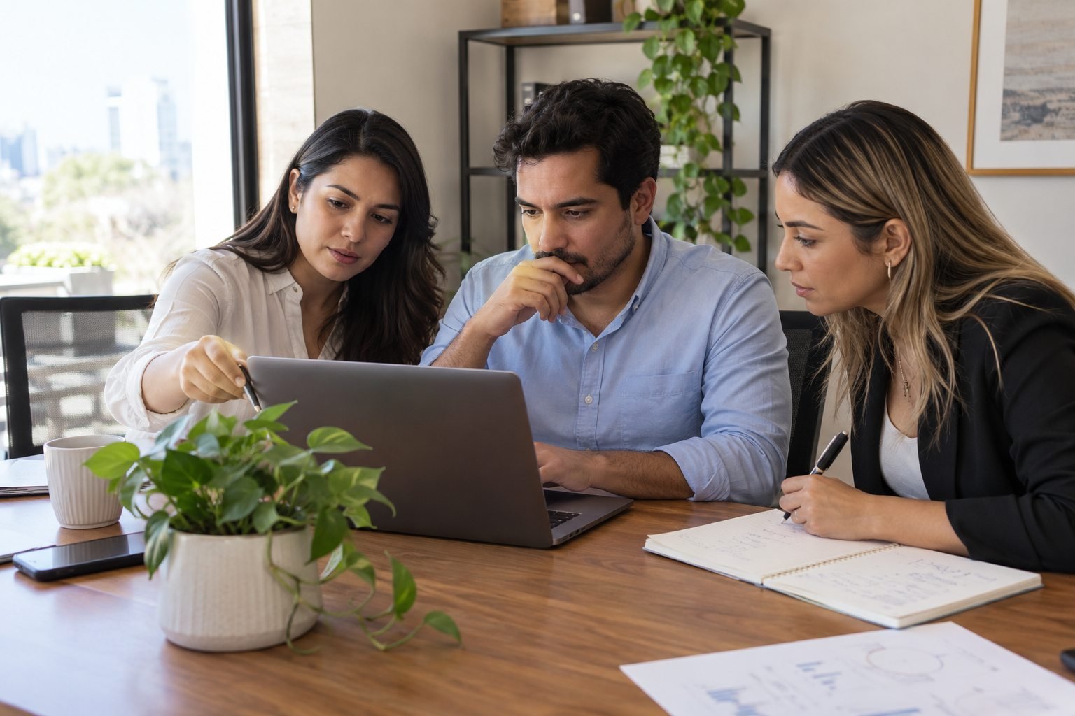 Equipo de una financiera revisa solicitudes en una laptop, con una planta y una libreta sobre la mesa.