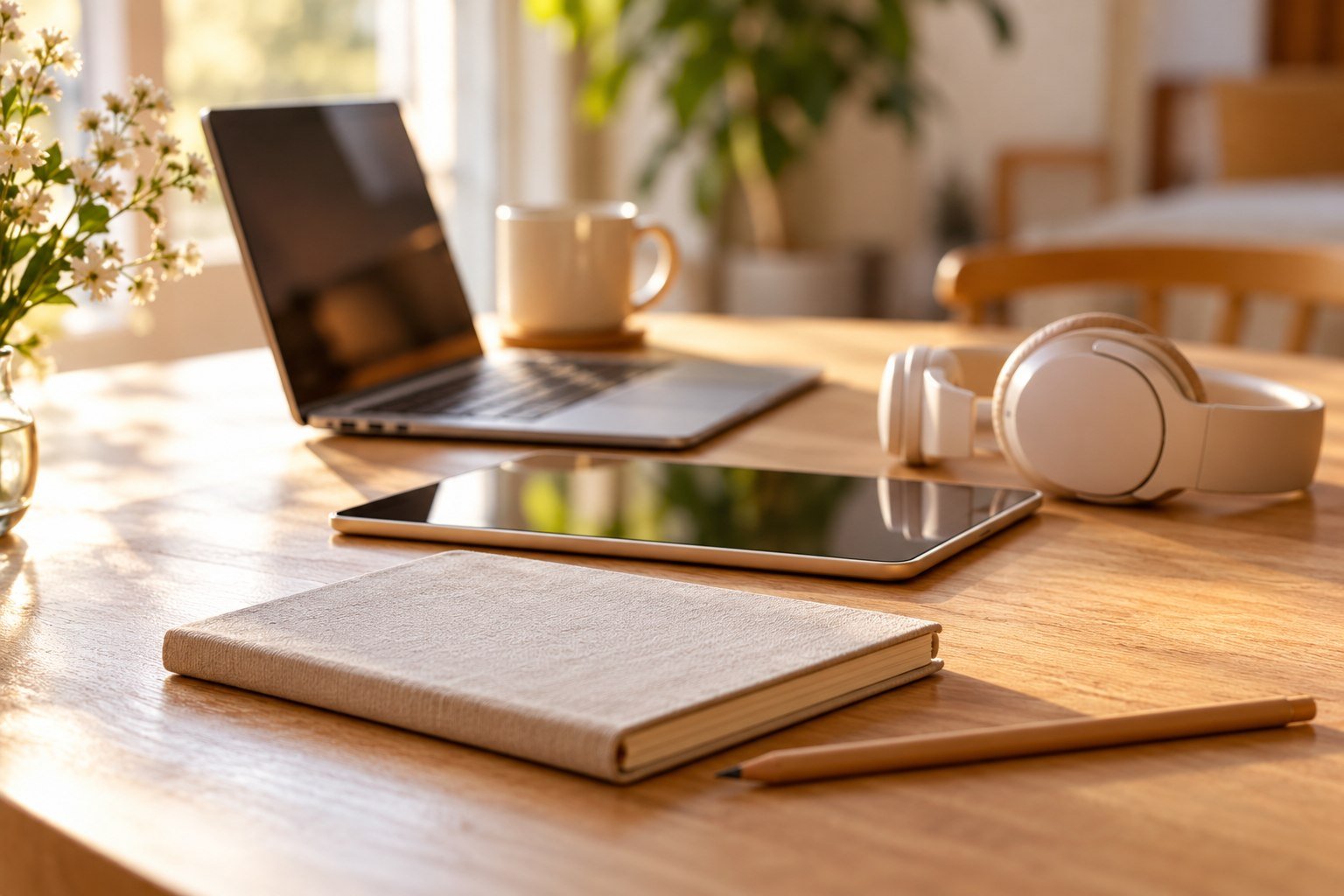 Laptop, tableta y cuaderno cerrado en tres planos sobre una mesa de madera clara, con taza, audífonos y lápiz al lado