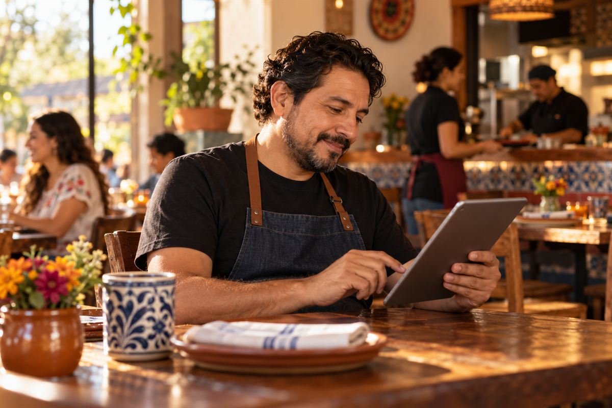 Dueño de un restaurante revisa una tableta mientras su equipo atiende al fondo