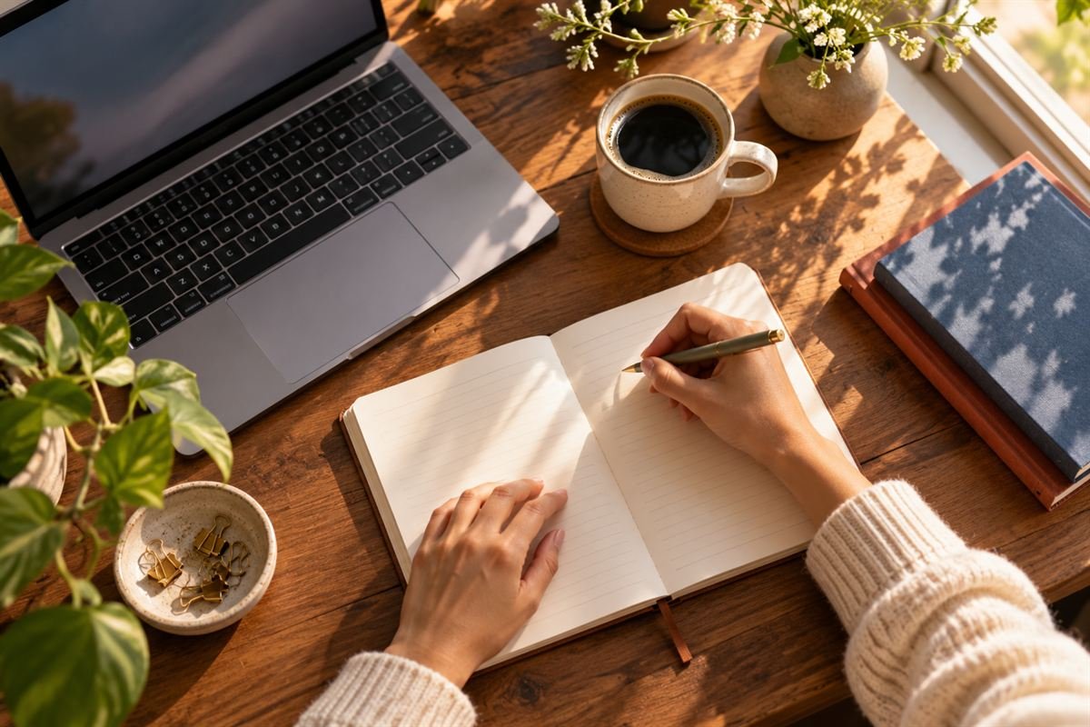 Manos escribiendo en una libreta junto a una laptop y una taza de café