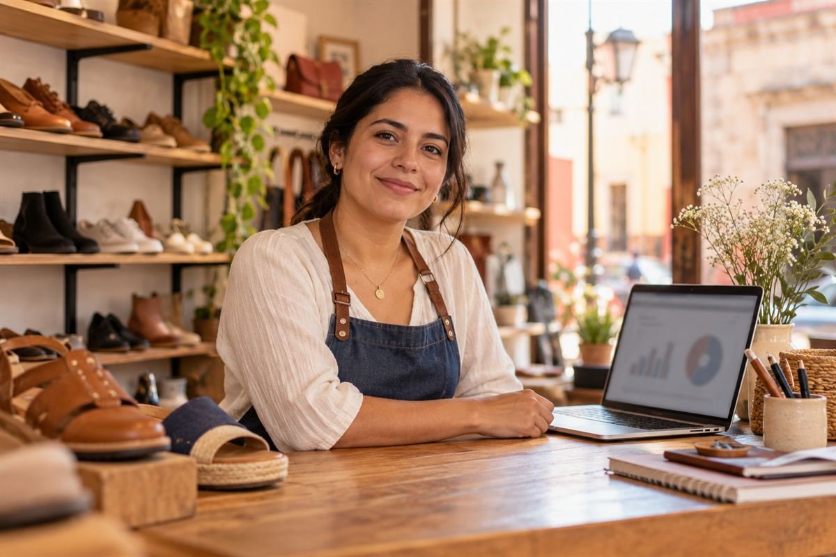 Dueña de una tienda de calzado sonríe frente a su laptop en el mostrador
