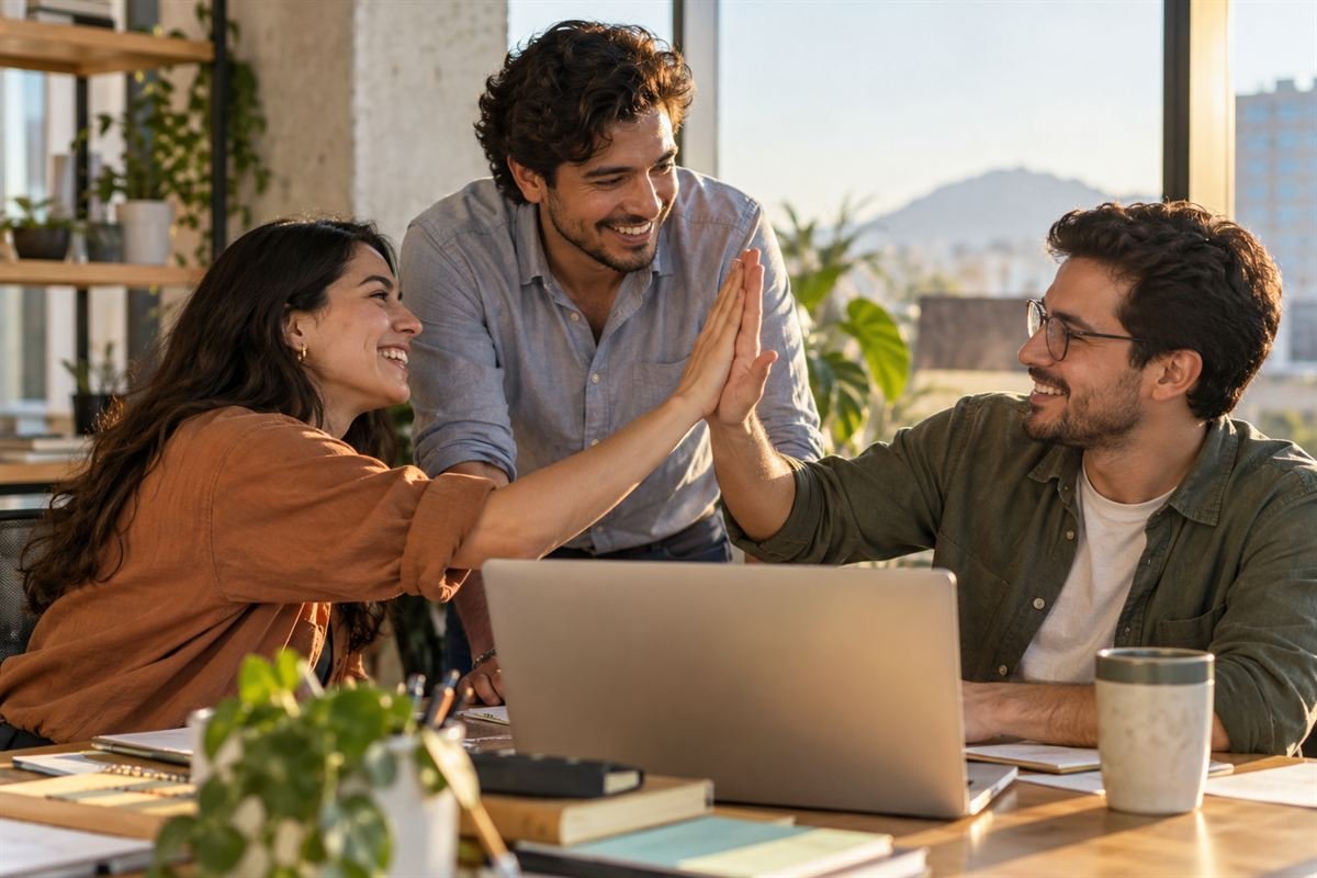 Tres integrantes de una pyme celebran un logro alrededor de una laptop