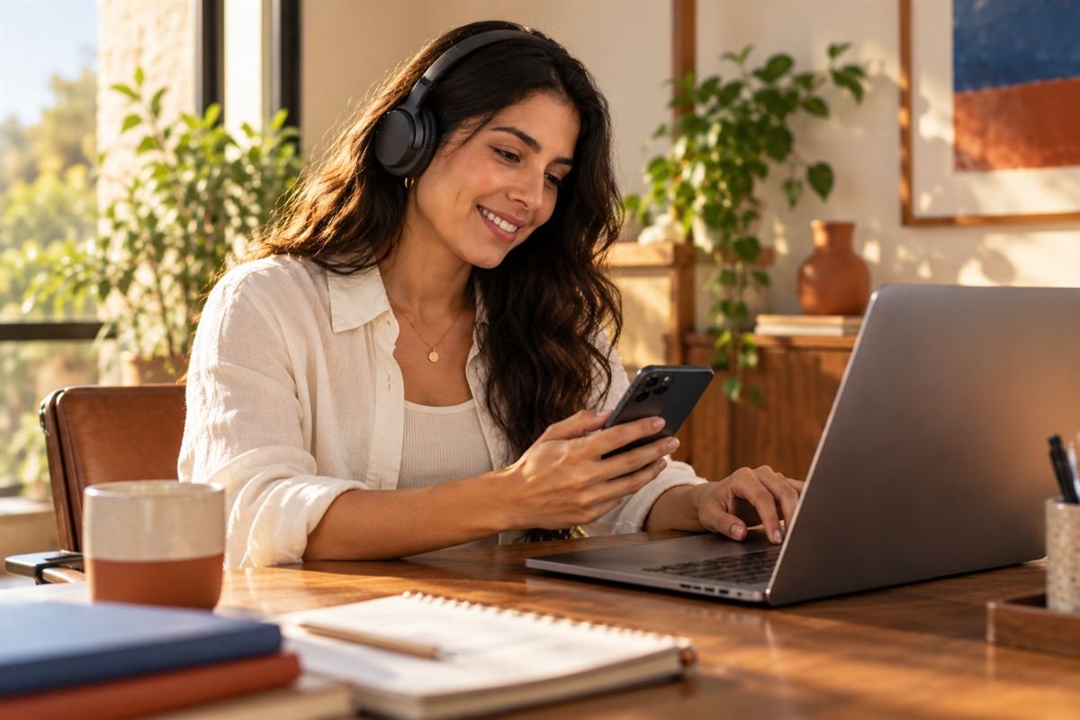 Persona con audífonos atiende mensajes de clientes en su celular y laptop
