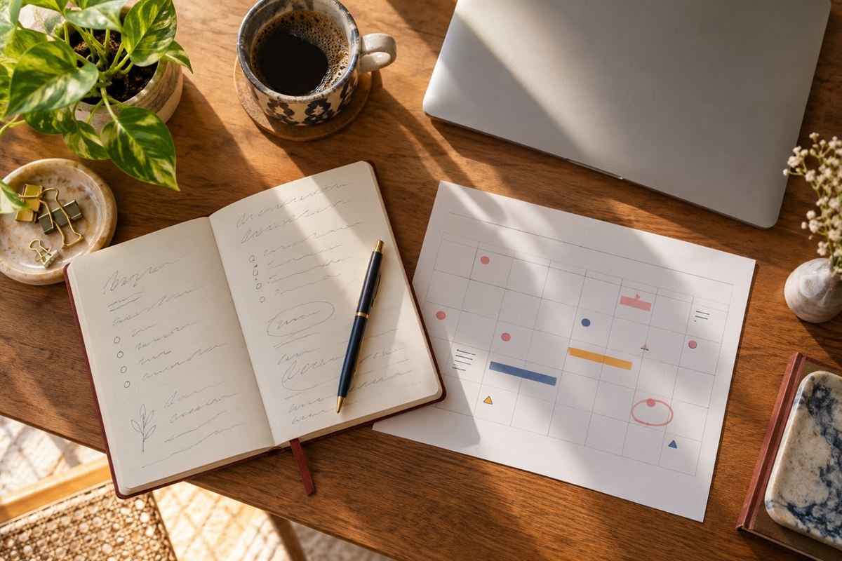 Mesa de trabajo con libreta, calendario de plan y laptop cerrada