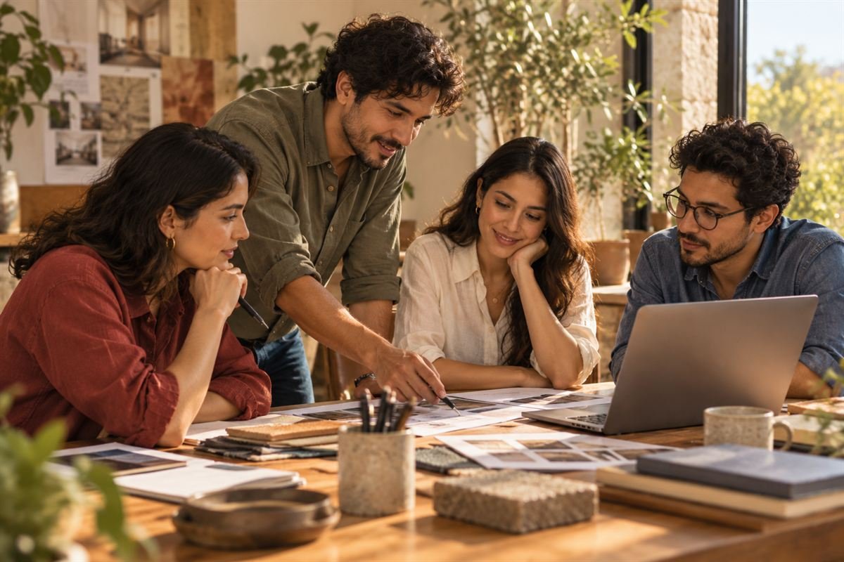 Equipo pequeño de cuatro personas trabajando alrededor de una mesa grande en una oficina luminosa