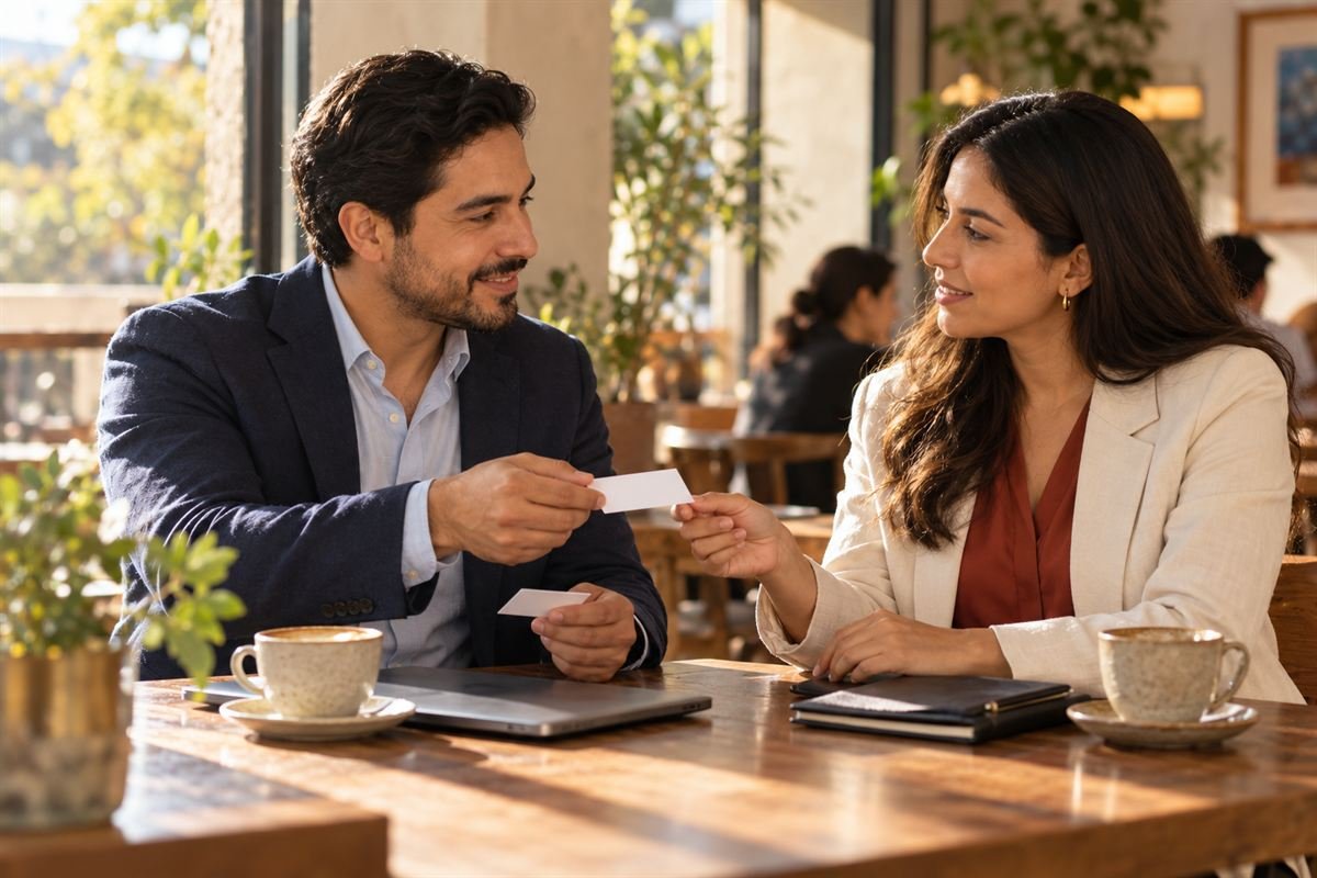 Una contadora y un abogado intercambian tarjetas de presentación en una cafetería