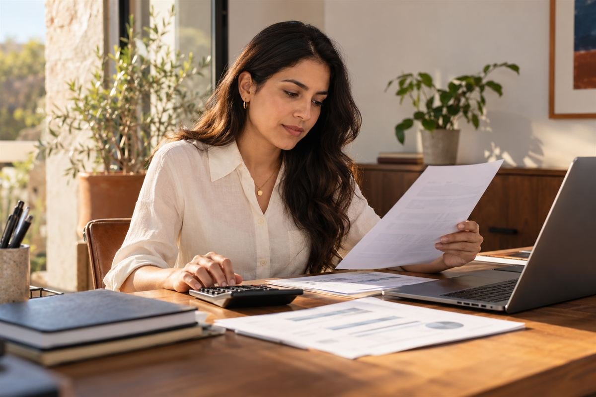 Persona compara una cotización impresa con una calculadora y su laptop en un escritorio ordenado