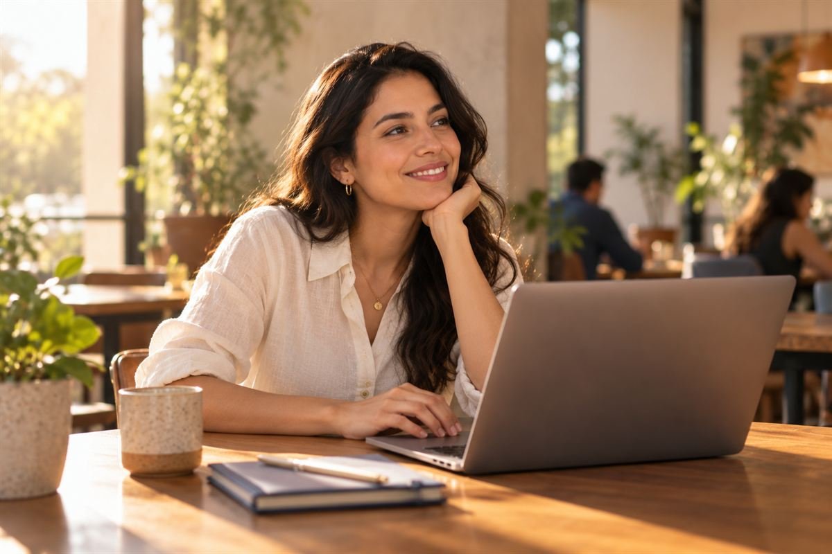 Joven profesionista sonríe frente a su laptop en un coworking