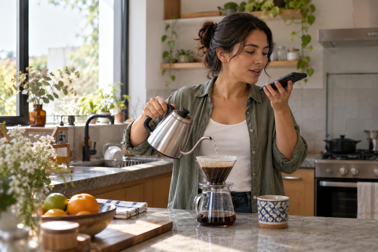 Mujer usa el asistente de voz de su celular mientras prepara café en una cocina luminosa.