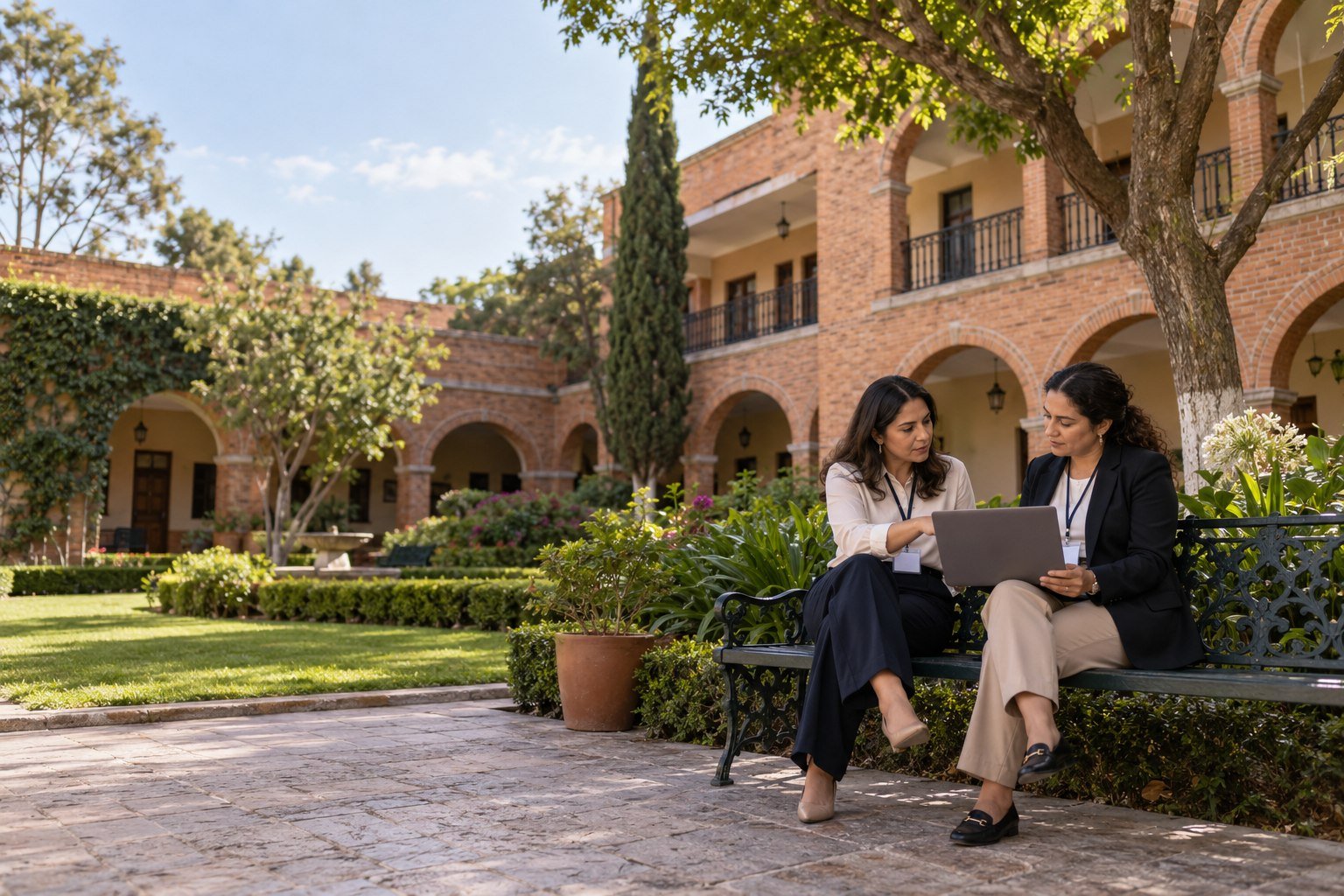 Dos mujeres conversan con una laptop en una banca de un patio escolar con arcos de ladrillo y jardín.
