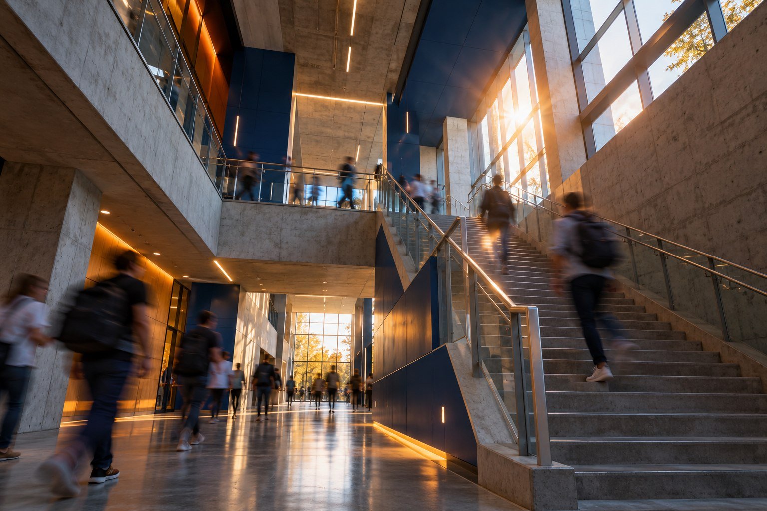 Escalera y pasillo de un edificio universitario visto desde abajo, con personas en movimiento borroso y luz de tarde
